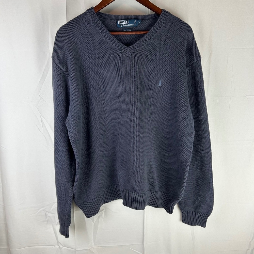 Polo Ralph Lauren Mens V-Neck Sweater Navy Blue 100% Cotton Knit Large‎